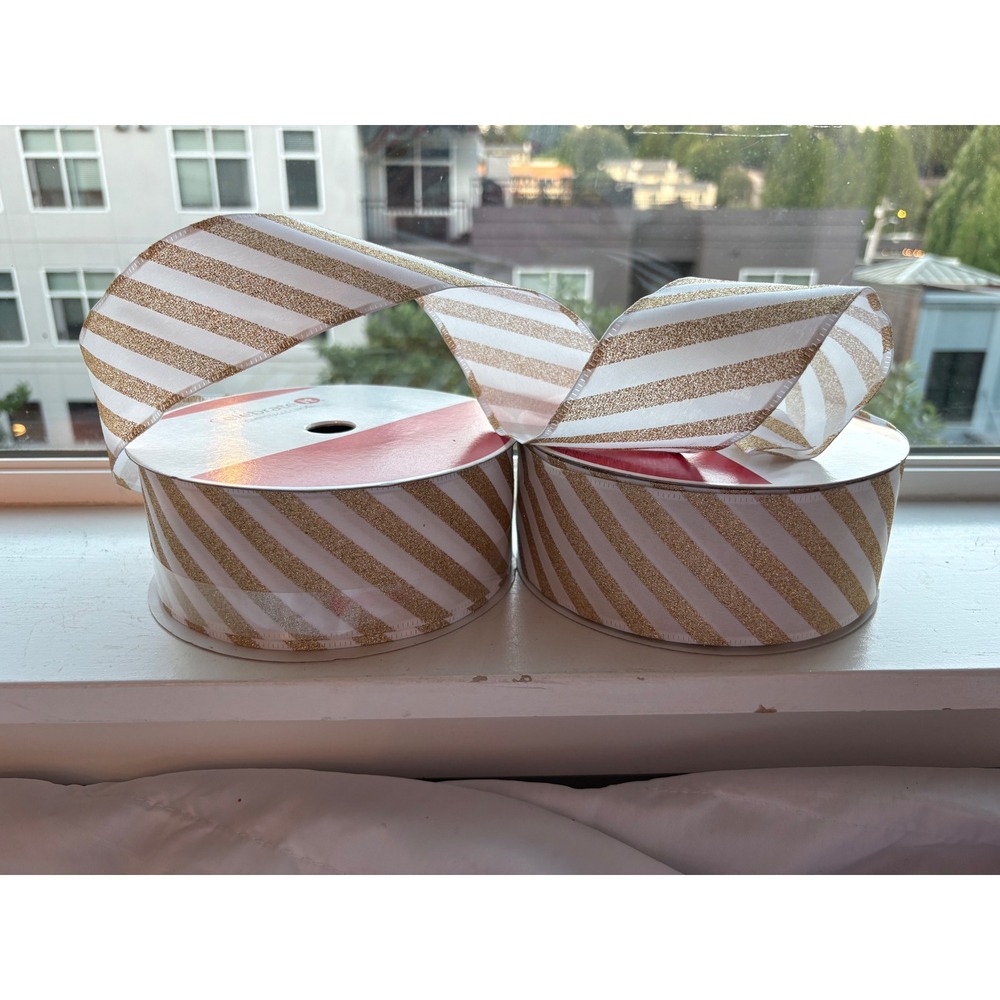 Celebrate It Wired Jumbo Ribbon White Gold Glitter Stripe 2 Rolls 30ft Each